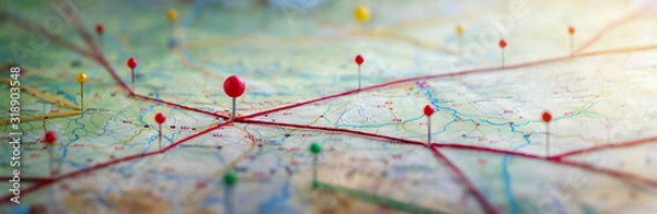 Obraz Znajdź swoją drogę. Oznaczanie lokalizacji pinezką na mapie z trasami. Przygoda, odkrywanie, nawigacja, komunikacja, logistyka, geografia, transport i podróż koncepcja tła.