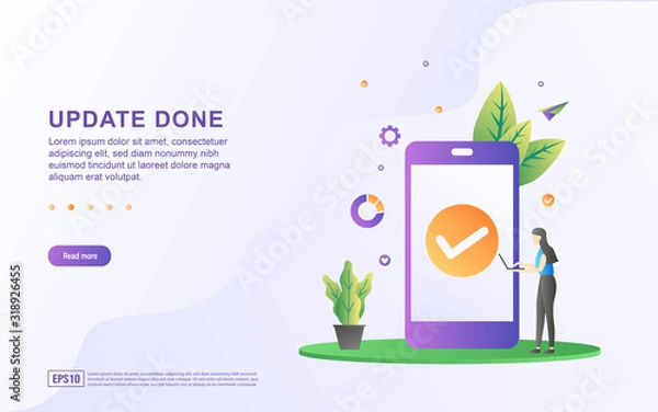 Fototapeta People update the operating system. Update the latest version, update the system successfully. Can use for web landing page, marketing material, mobile app, web banner. Vector illustration