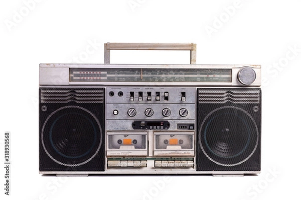 Fototapeta Retro portable stereo radio cassette recorder isolated on white background
