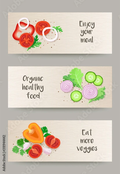 Fototapeta Set of creative banners with vegetables and leafy greens on wooden cutting board - flat lay. Healthy food concept. Vector illustration for farm fresh market, online ordering, organic cafe menu