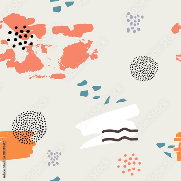 Obraz Abstract modern seamless pattern with hand drawn shapes, lines and dots. Trendy colorful digital paper illustration for backgrounds, backdrops and fashion designs.