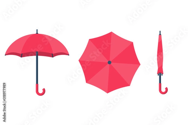 Obraz Komplet parasoli. Widok z góry, przedni i złożony parasol. Ochrona przed deszczem na na białym tle. Płaska konstrukcja. Do projektowania stron internetowych, aplikacji mobilnych i drukowania. Ilustracja wektorowa.