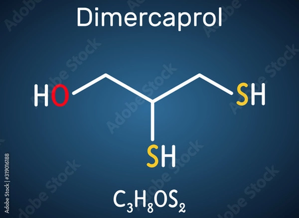 Fototapeta Dimercaprol, BAL, British anti-Lewisite, C3H8OS2, molecule. It is chelating agent, antidote against poison gas lewisite. Structural chemical formula on the dark blue background