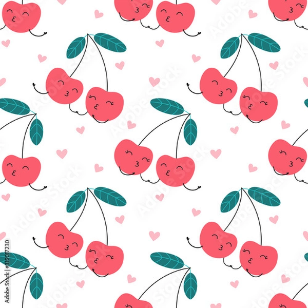 Fototapeta Seamless pattern cartoon character of cherry in love, sweet kiss. Print for wrapping, fabric, wallpaper, texture. Vector illustration on a white background.