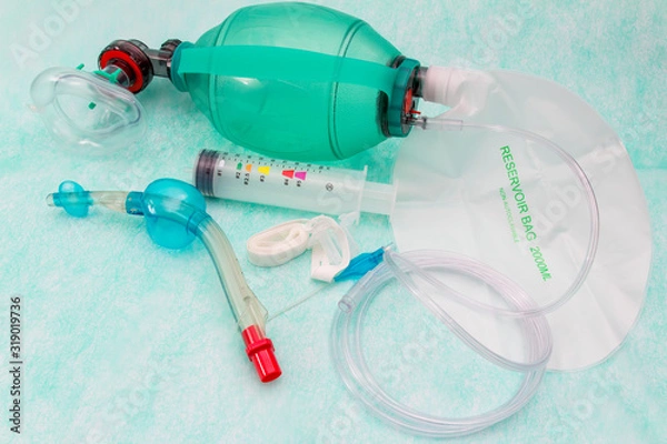 Fototapeta Laryngeal tube kit with AMBU kit for resuscitation isolated, LTS-D