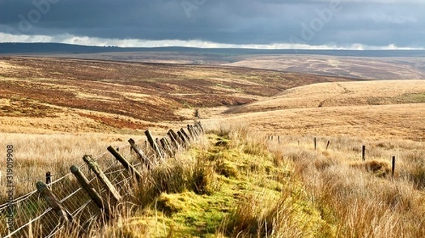 Obraz Fields and moors in Exmoor dark sky area with dark grey rain clouds landscape