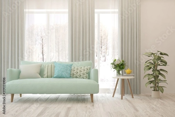 Fototapeta Stylish room in white color with sofa. Scandinavian interior design. 3D illustration