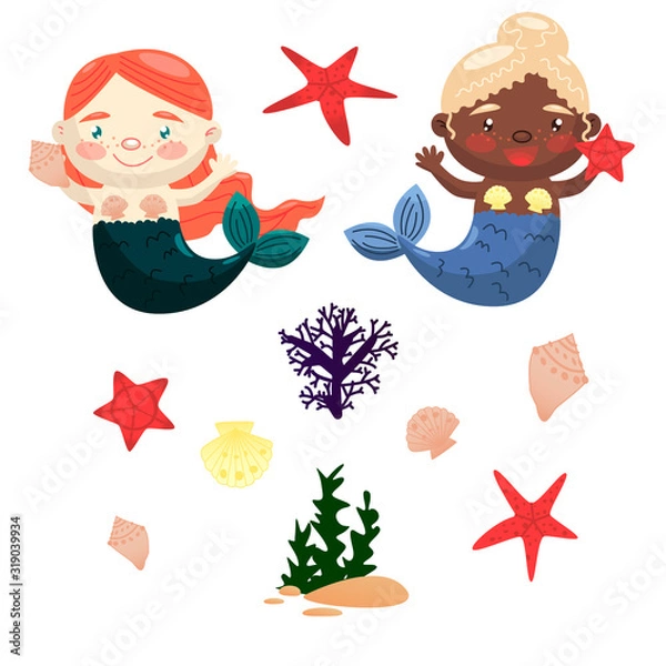 Fototapeta Vector image set of two cute mermaids girls, starfish, shells, coral and algae. Cartoon characters for various illustrations, prints, design. Black and white, color drawing.