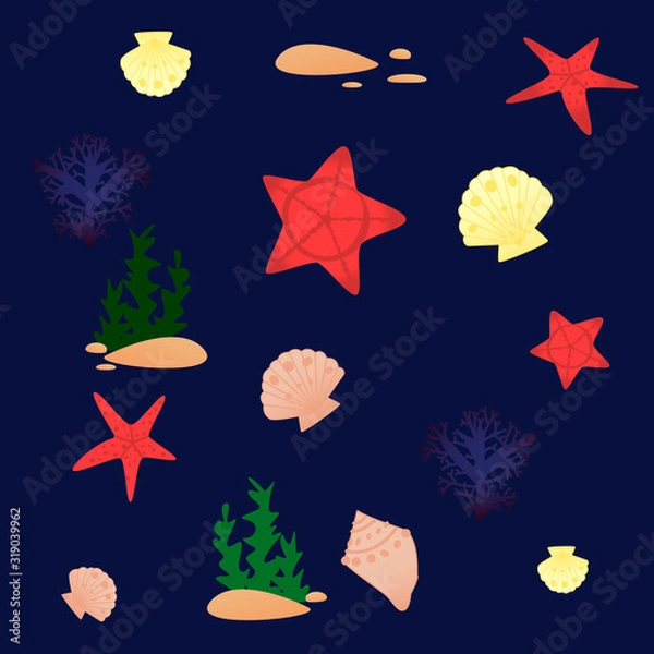 Fototapeta color vector set of starfish, shells, mollusks, stones and algae on a blue background. illustration with elements of summer sea nature. For design postcards.