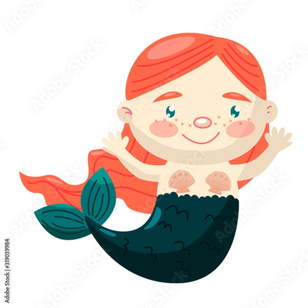 Fototapeta Vector illustration of a mermaid girl child with red long hair, freckles and a green tail. Character is smiling and holding hands. Cute cartoon character for kids design.