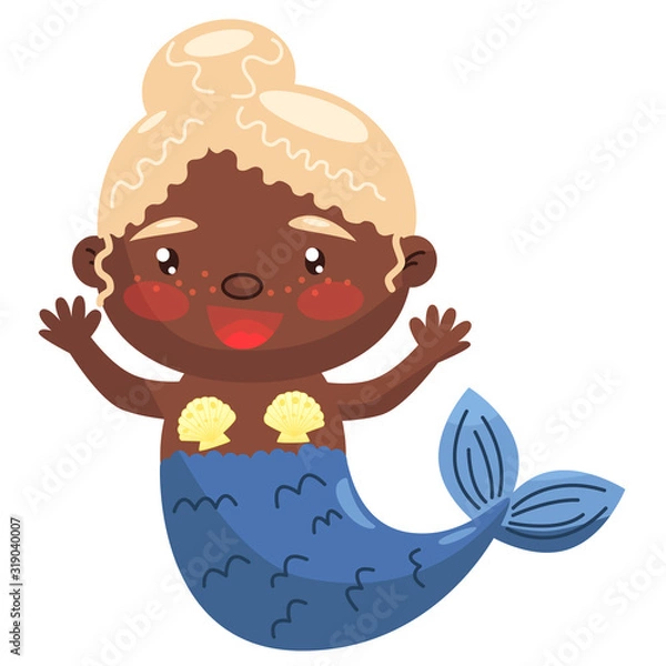 Fototapeta Vector illustration of a character, mermaid, little girl. A black-skinned mermaid with a blue tail and blond hair smiles and laughs. For greeting cards and design.