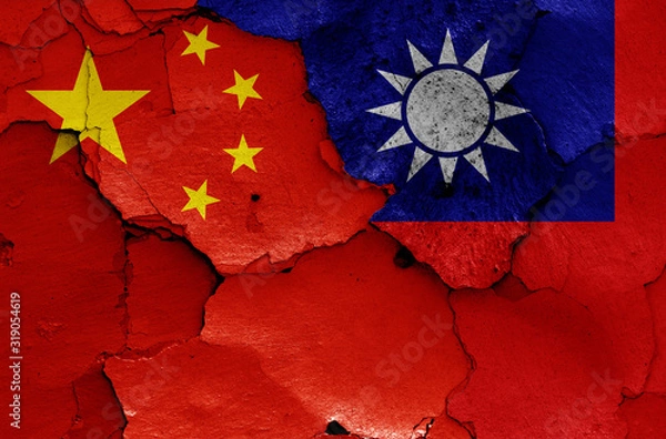 Obraz flags of China and Taiwan painted on cracked wall