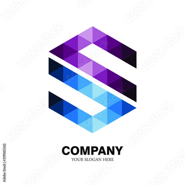 Obraz the letter logo S, with the hexagon shape of a collection of triangles. modern template. purple and blue texture. isolated white. S logo technology for companies, digital graphics and graphics