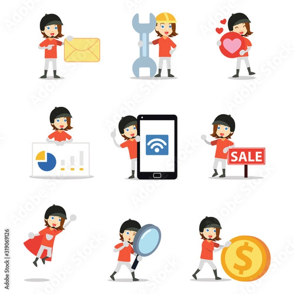 Obraz Zestaw znaków kobieta dżokej konny, jazda konna jej domu.