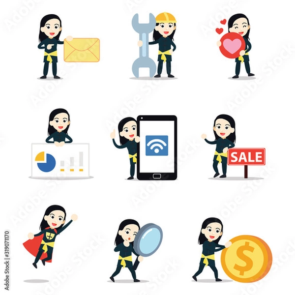 Fototapeta Set of character woman practicing martial arts with kung fu style.