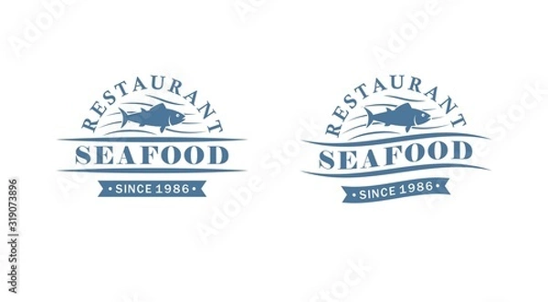 Fototapeta Set of color seafood restaurant logos. Vector illustration fish, waves and text on a white background. Color illustration advertising a restaurant and seafood