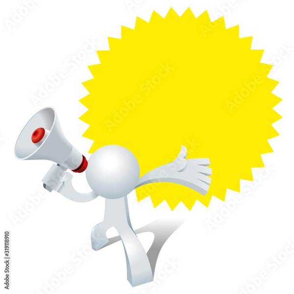 Obraz Cute little Simplified man shouting with a megaphone speaker about the special offer promotion during the grand opening