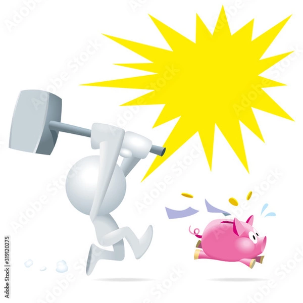 Obraz Cute little Sim man chasing a piggy bank with a giant hammer