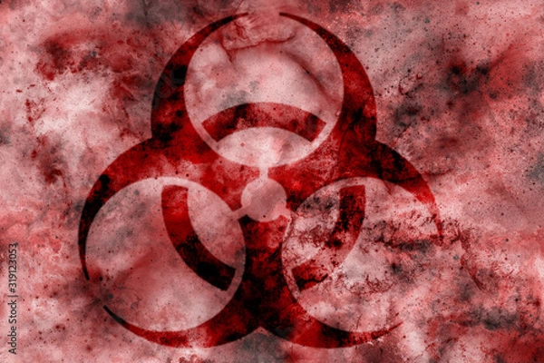 Obraz Biohazard symbol on bloody background. Video title screen, podcast or web background, information poster or infographic & more. For infectious diseases caused by bacteria & viruses like coronavirus.