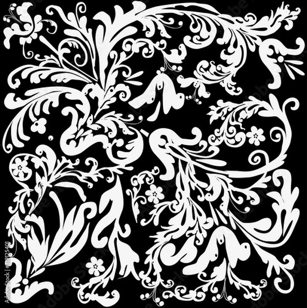 Fototapeta white on black floral square abstract decoration