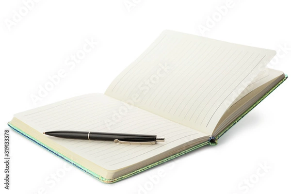 Fototapeta Stylish open notebook and pen isolated on white