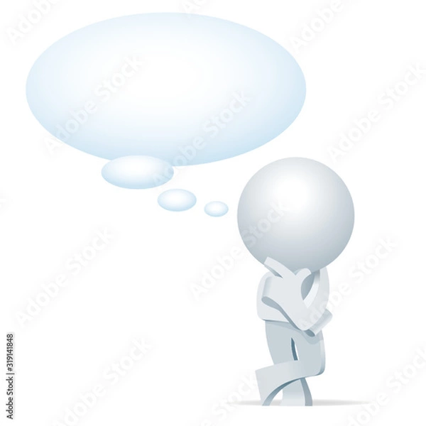 Obraz Cute little white Simplified man try to think for a good creative idea solution