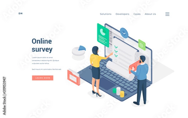 Fototapeta People surveying data in Internet. Isometric vector illustration