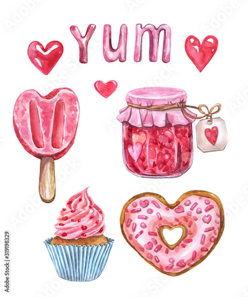 Fototapeta Watercolor set of hand painted element for valentines day. Illustration of sweets and holiday dessert, isolated on white background. Ice cream on a stick, pink glazed doughnut, cupcake, jam in a jar.