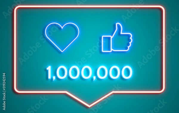 Fototapeta social media concept banner with number of one million interactions in your account. all with neon lights effects