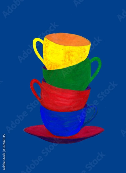 Fototapeta Colorful tea cups isolated on dark blue background. Gouache technique. Hand drawn illustration.