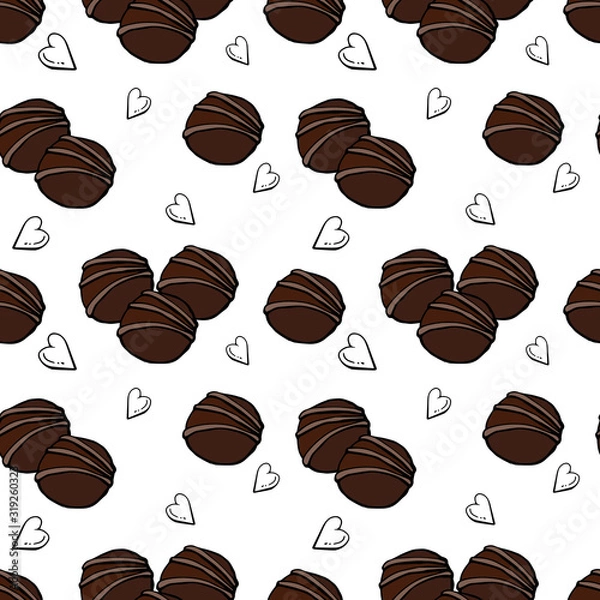 Fototapeta Chocolate candies with hearts seamless pattern on white background. Hand drawn sweet food desserts. Vector confectionery treats.
