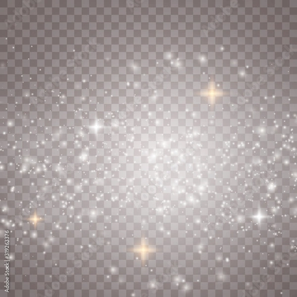 Fototapeta he dust sparks and golden stars shine with special light. Vector sparkles on a transparent background. Christmas light effect. Sparkling magical dust particles.
