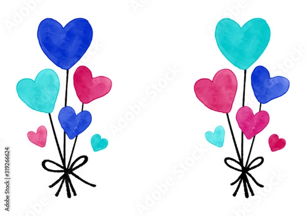 Fototapeta 青い手書き水彩のハート風船
