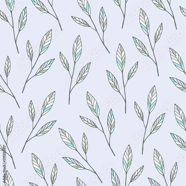 Fototapeta Decorative seamless pattern vector. Hand drawn colored mosaic doodle branches and leaves on a light blue background. Pattern for design cards, invitations, wallpaper, wrapping paper.