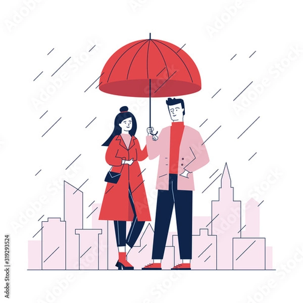 Fototapeta Couple standing under umbrella in street on rainy day. Man and woman in stylish red coat flat vector illustration. People in front of cityscape with skyscrapers and other buildings in rain