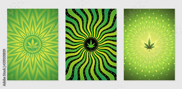 Obraz Vector set of cover design template with wonderful abstract mandalas and cannabis leaves; Unusual visionary art. Fantastic backgrounds for products and printing with marijuana; Pages of format A4.