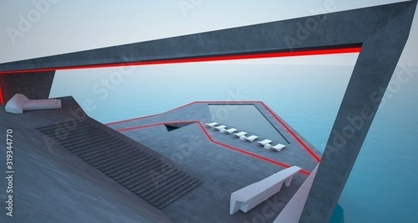 Obraz Abstract architectural concrete interior of a modern villa on the sea with colored neon lighting. 3D illustration and rendering.