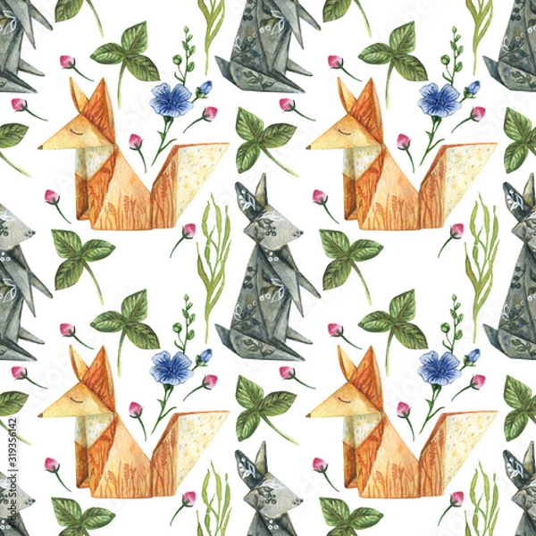 Obraz Watercolor seamless pattern with illustration of wildflowers and clover leaves. Image of animals (fox, hare) from paper (origami)