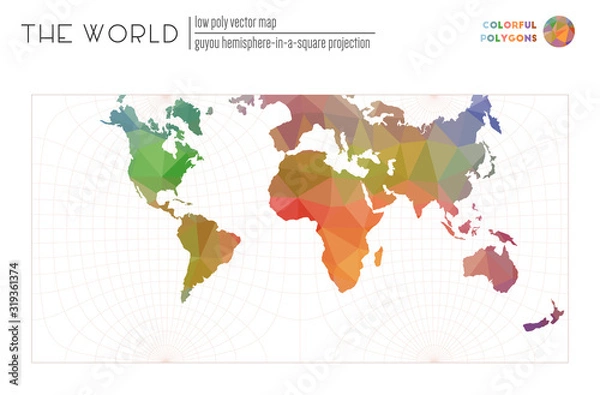 Obraz World map with vibrant triangles. Guyon hemisphere-in-a-square projection of the world. Colorful polygons. Trending vector illustration.