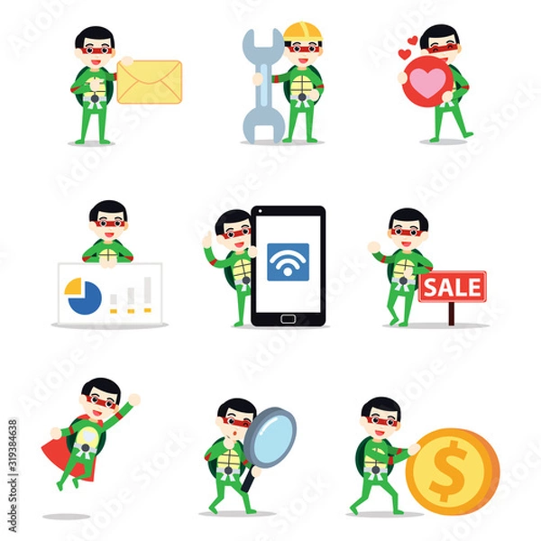 Fototapeta Set of character man with ninja turtle costume.