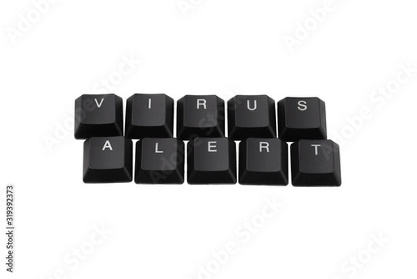 Fototapeta Word virus alert written on keyboard. Isolated on white.