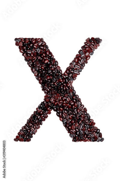 Fototapeta Letter X of the English alphabet of freshly roasted cocoa beans on a white isolated background. coffee pattern made from coffee beans