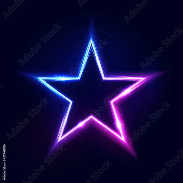 Fototapeta Neon star frame or neon lights sign. Vector abstract background, tunnel, portal. Geometric glow outline star shape, laser glowing lines. Abstract background with space for your text.