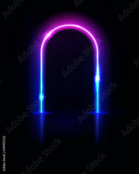Fototapeta Neon arch. Frame, tunnel or portal. Neon lights. Vector abstract background. Geometric glow outline arc shape or laser glowing lines. Abstract background. Virtual reality.