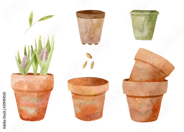 Obraz Clay flower pots for seedings.  Watercolor illustrations.