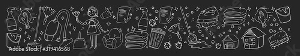 Fototapeta Cleaning services company vector pattern. Icons in doodle style. Painted, black monochrome, chalk pictures on a blackboard.