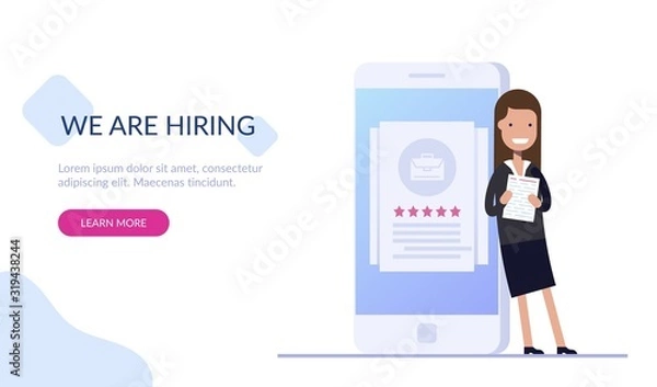 Fototapeta Young girl HR manager is standing with documents near a mobile phone with a job rating. Search for new employees. Work searches. Web design in Flat vector illustration.