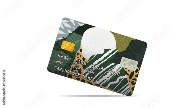 Fototapeta Cartoon colorful abstract print for credit card isolated on white background. Creative collage cute printable creative template with floral elements, grunge texture and leopard pattern, hand draw