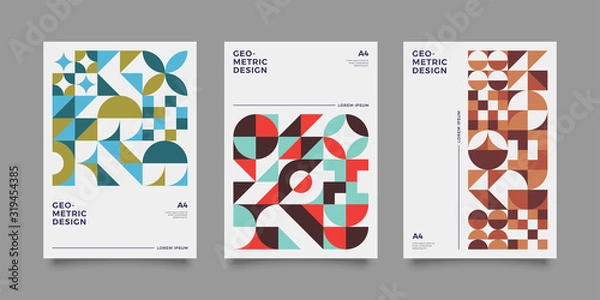 Fototapeta Placard templates set with Geometric shapes, Retro geometric style flat and line design elements. Retro, bauhaus art for covers, banners, flyers and posters. Eps 10 vector illustrations