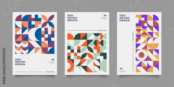 Fototapeta Placard templates set with Geometric shapes, Retro geometric style flat and line design elements. Retro, bauhaus art for covers, banners, flyers and posters. Eps 10 vector illustrations
